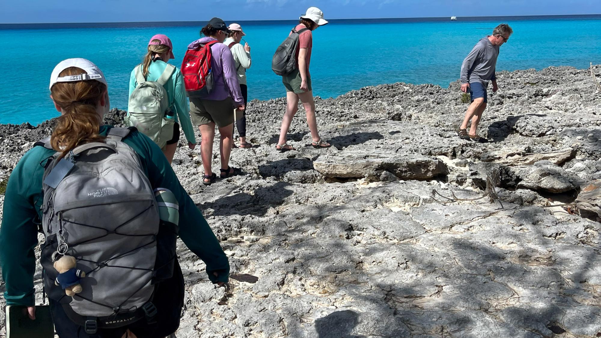 Students walk the coastline of San Salvador island
