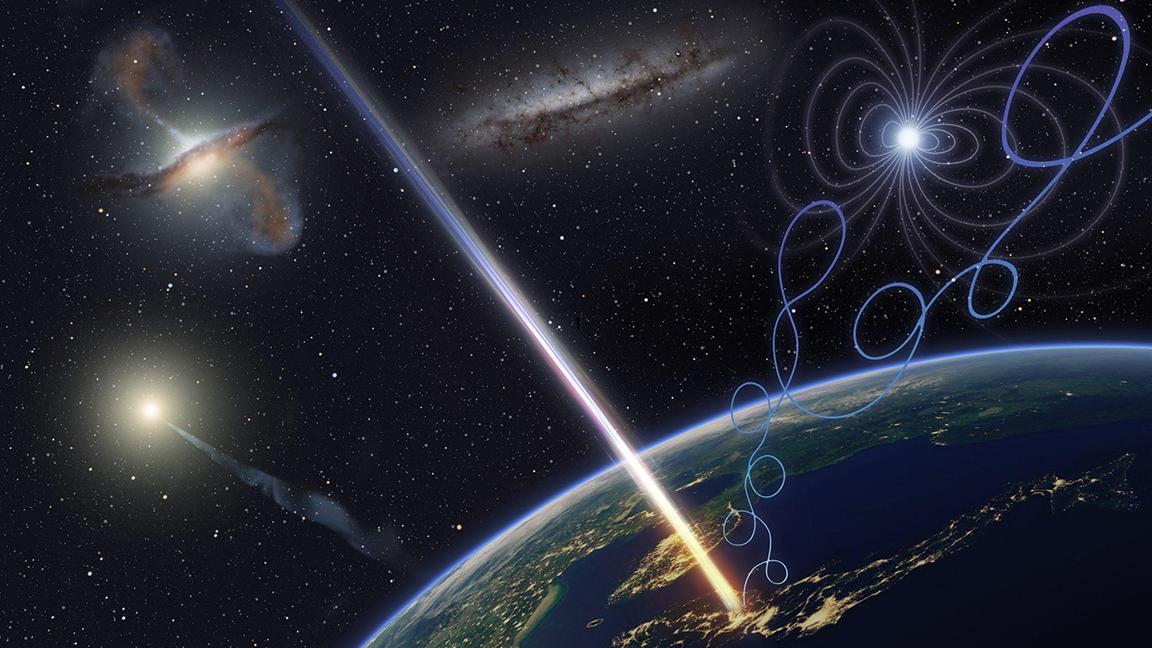Partial image of Earth being struck by beam of light representing ultra-high energy cosmic ray from space, with galaxies and neutron stars in background.