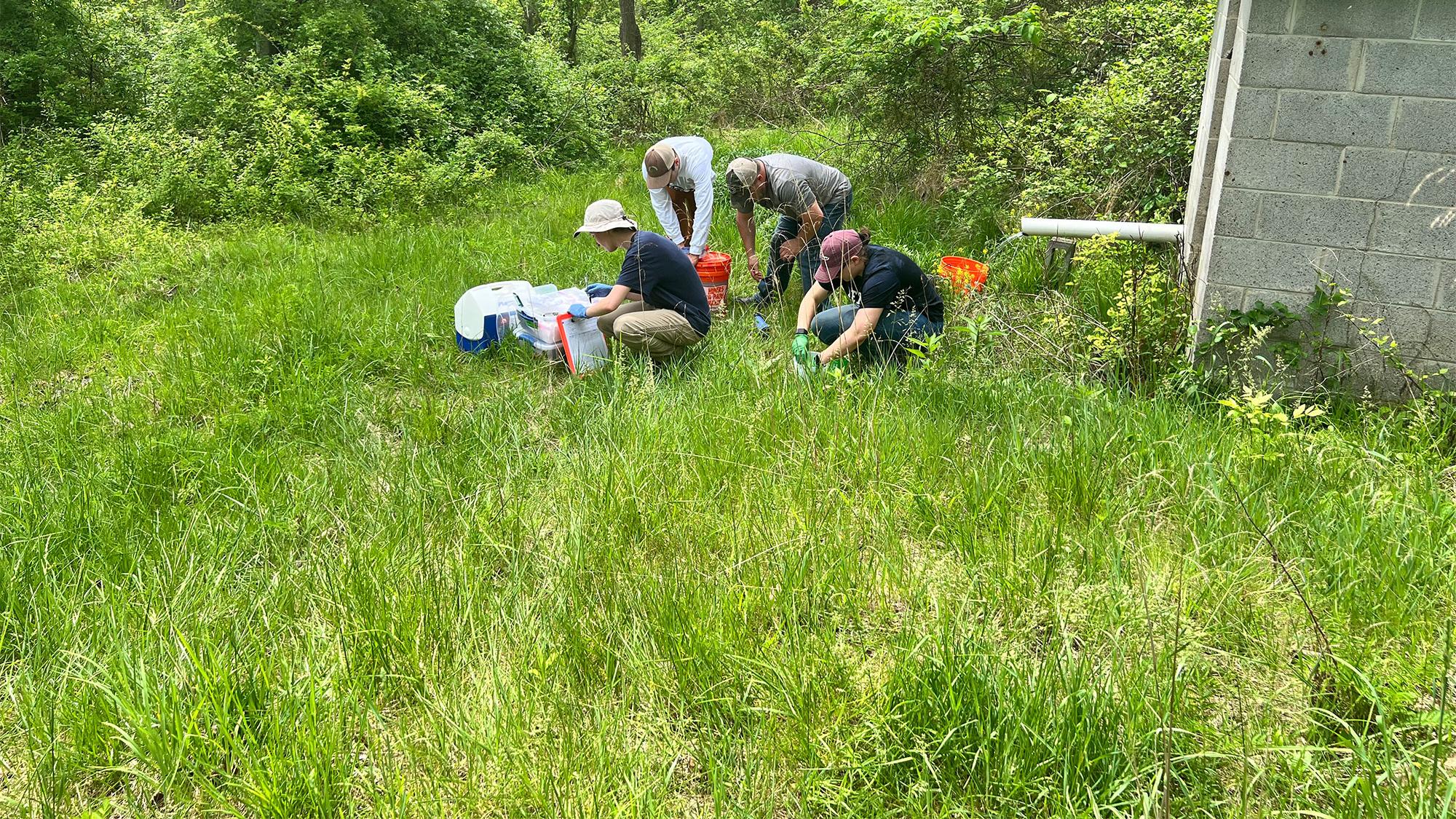 Four scientists are shown collecting samples from a groundwater well in a grassy field in front of a forest in Southwestern Pennsylvania