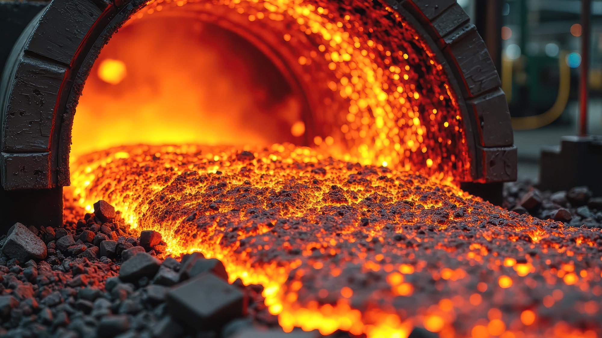 Red hot viscous liquid flowing out of a dark pipe