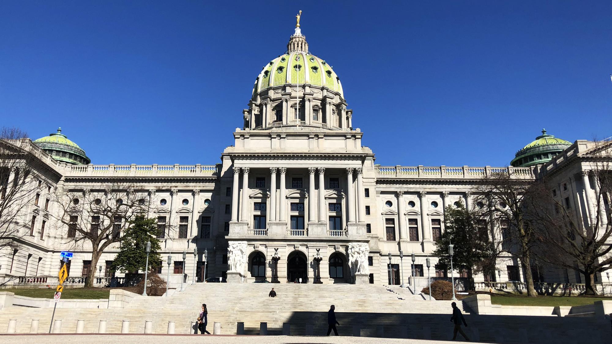 An exterior photo of the State Capitol Building in Harrisburg