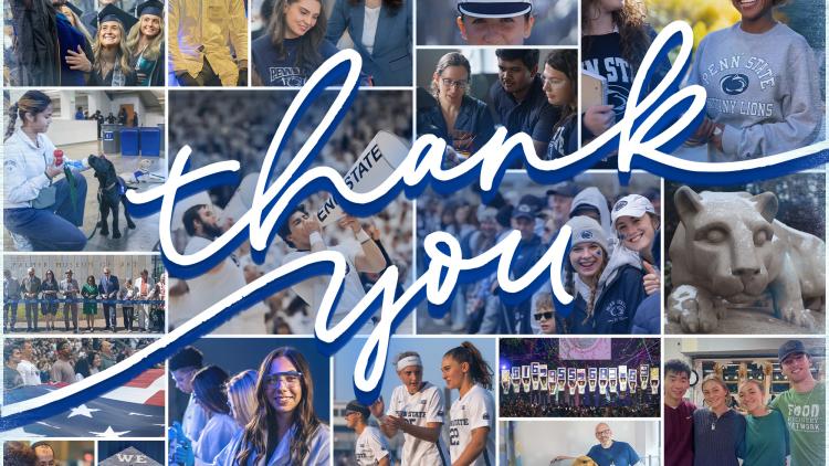 A photo grid collage of photos of Penn Staters in 2024, with the text "Thank You" overlayed over the photo collage.