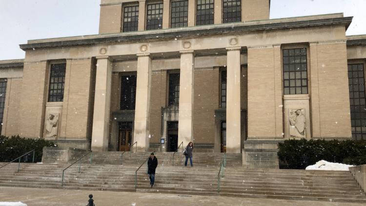 tall library entrance steps with snowfall and two people walking