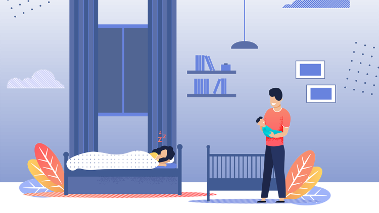 Illustration: A tired mom sleeps on a bed next to a happy father holding a child.