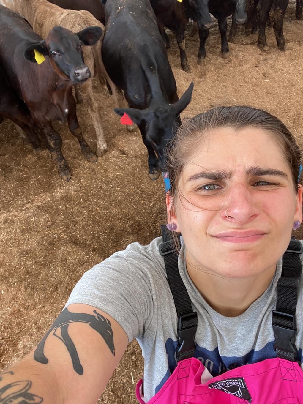 A person takes a selfie with cows in the background