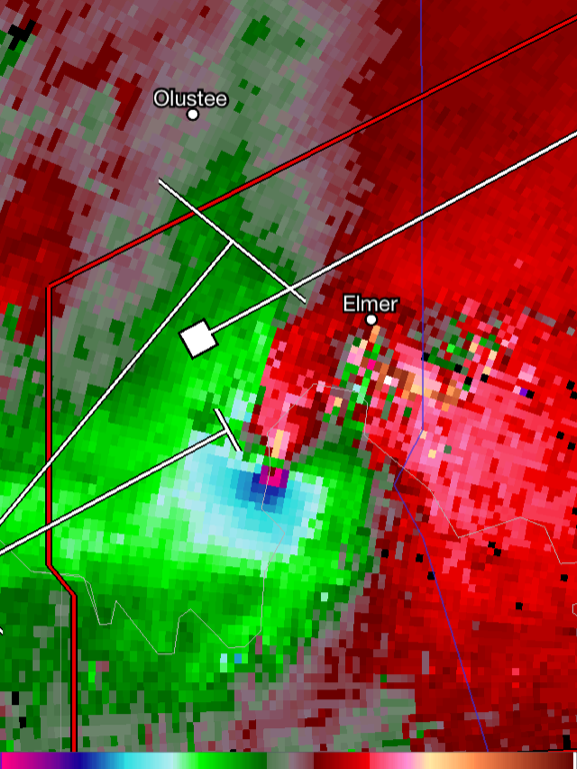 The velocity of a tornado is shown on a mobile radar application. 