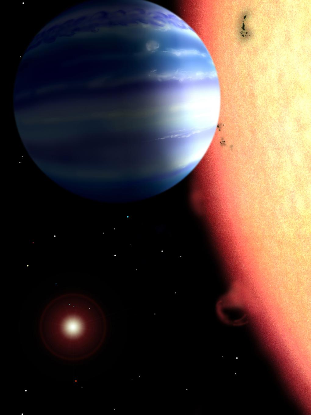 An artist's conception of a hot-Jupiter extrasolar planet orbiting a star similar to tau Boötes.