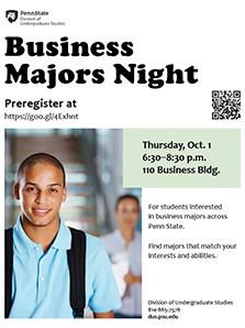 Business Majors Night poster announces this year's event on Thurs., Oct. 1, 6:30 to 8:30 p.m., in 110 Business Building