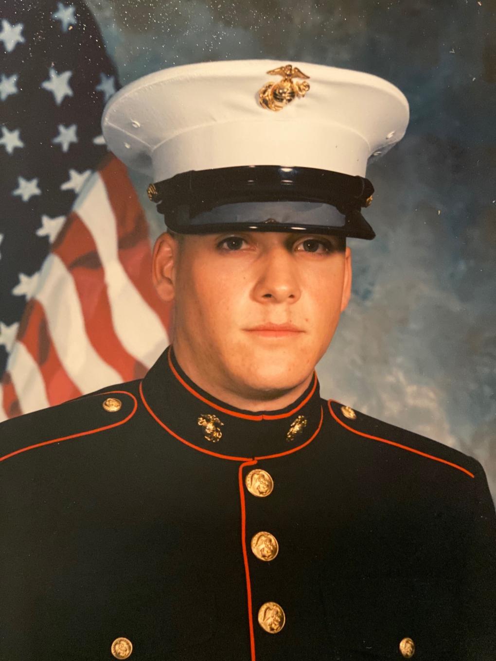 A U.S. Marine Corps boot camp photo of Robert Bussey taken March 1994 at Parris Island, South Carolina.