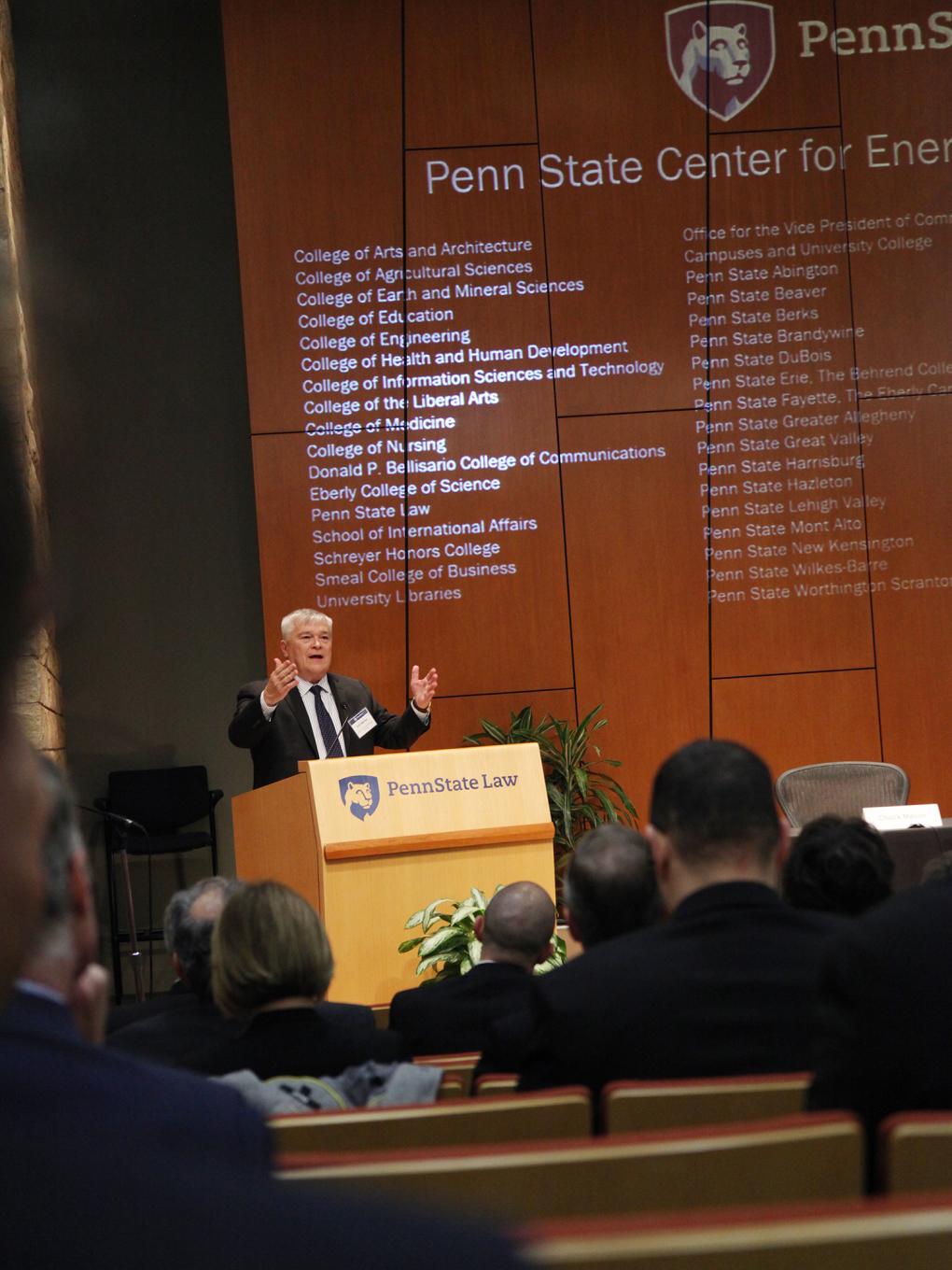Penn State President Eric Barron delivers opening remarks at the inaugural event of the new University-wide Center for Energy Law and Policy.