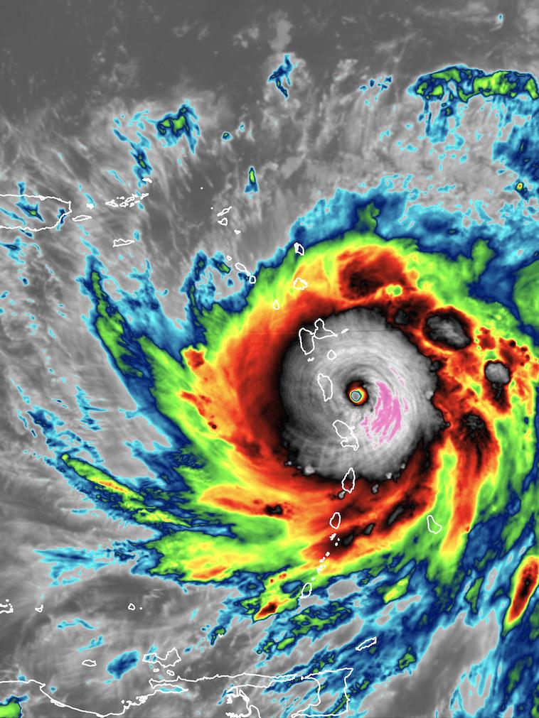 image of a tropical storm from above showing intense winds and the eye.