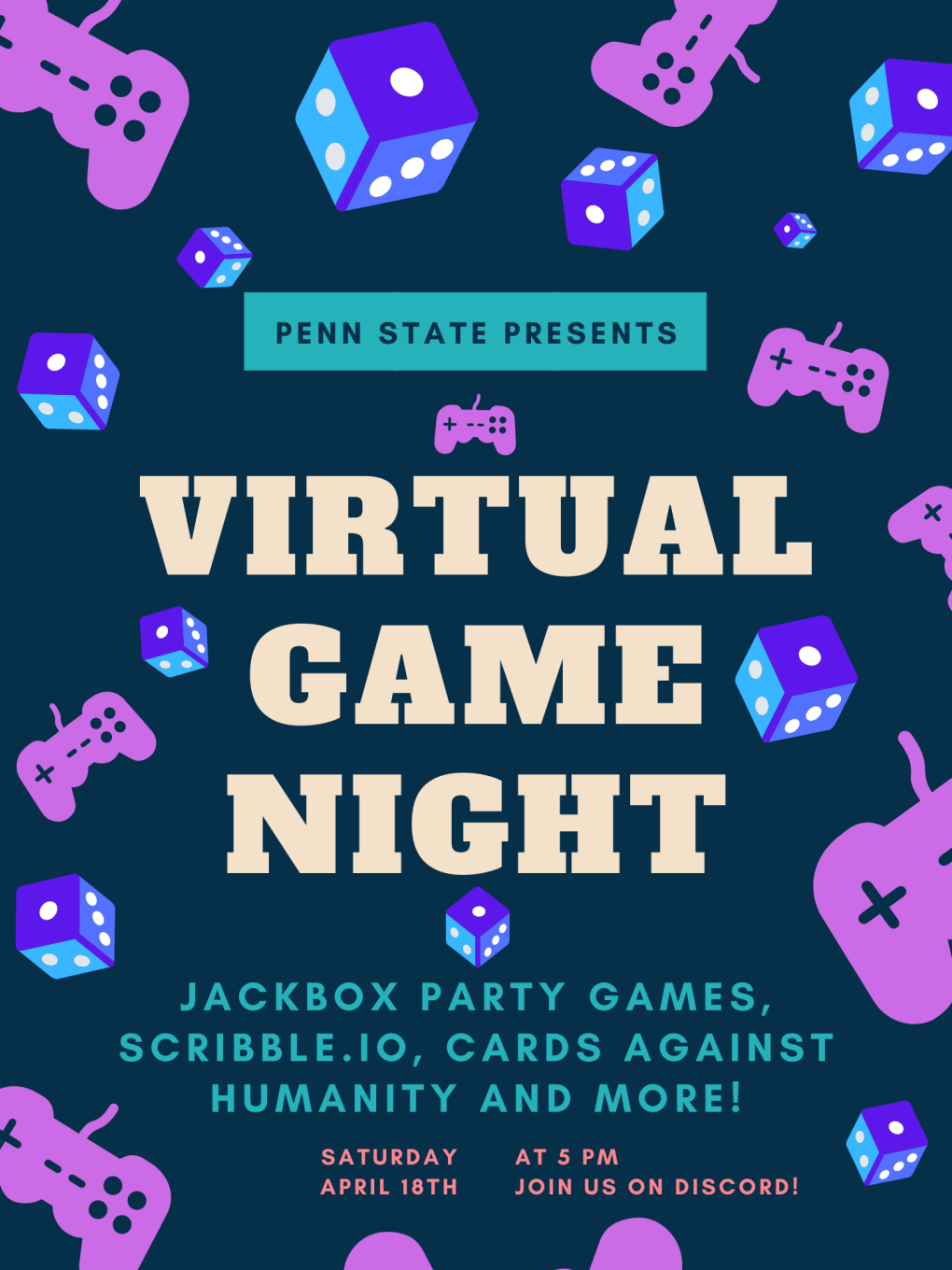 Promotional flyer for Penn State Greater Allegheny's Virtual Game night