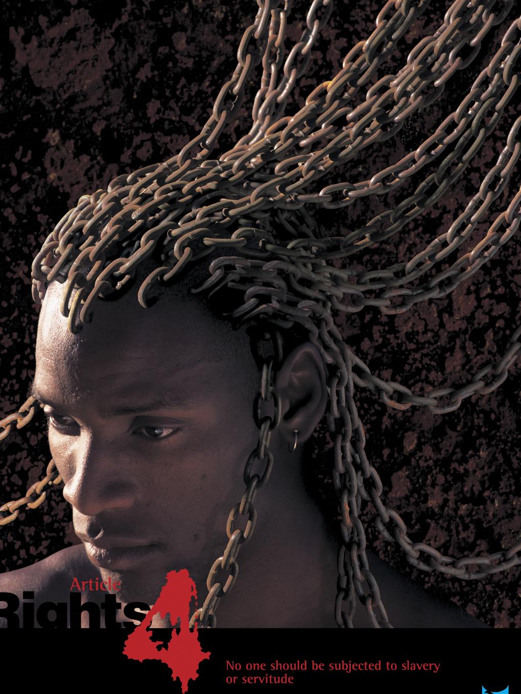 Poster about human rights featuring African man with chains as hair