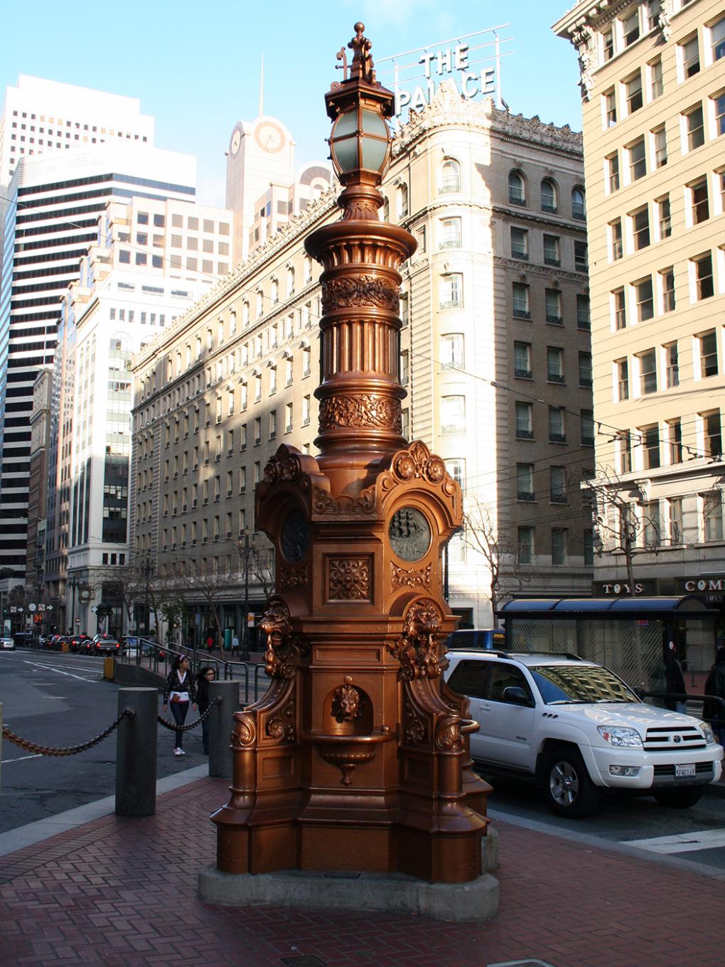 A color photograph of Lotta's Fountain in San Francisco. 