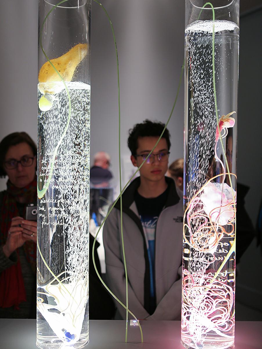 Visitors view Pinar Yoldas' work