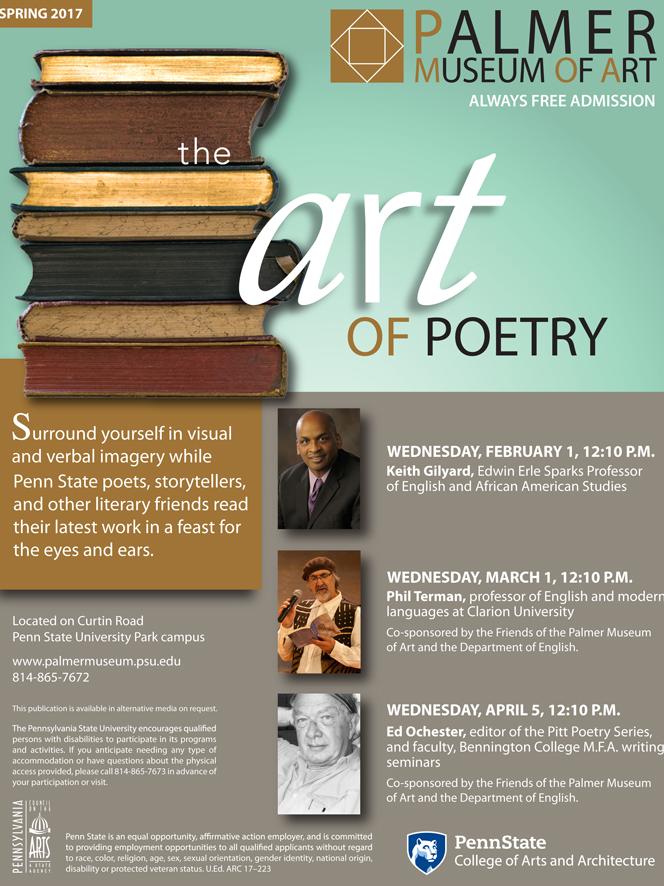 Spring 2017 readings will take place at the Palmer Museum of Art on Feb. 1, March 1, and April 5.