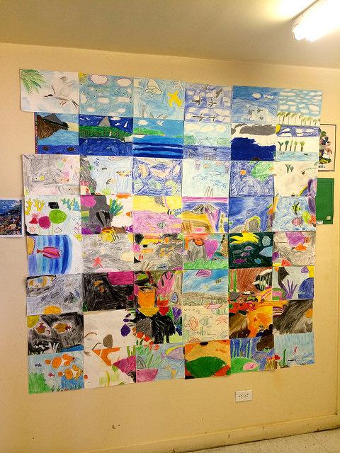 Art mural depicting coral reefs, created by children from San Salvador Island