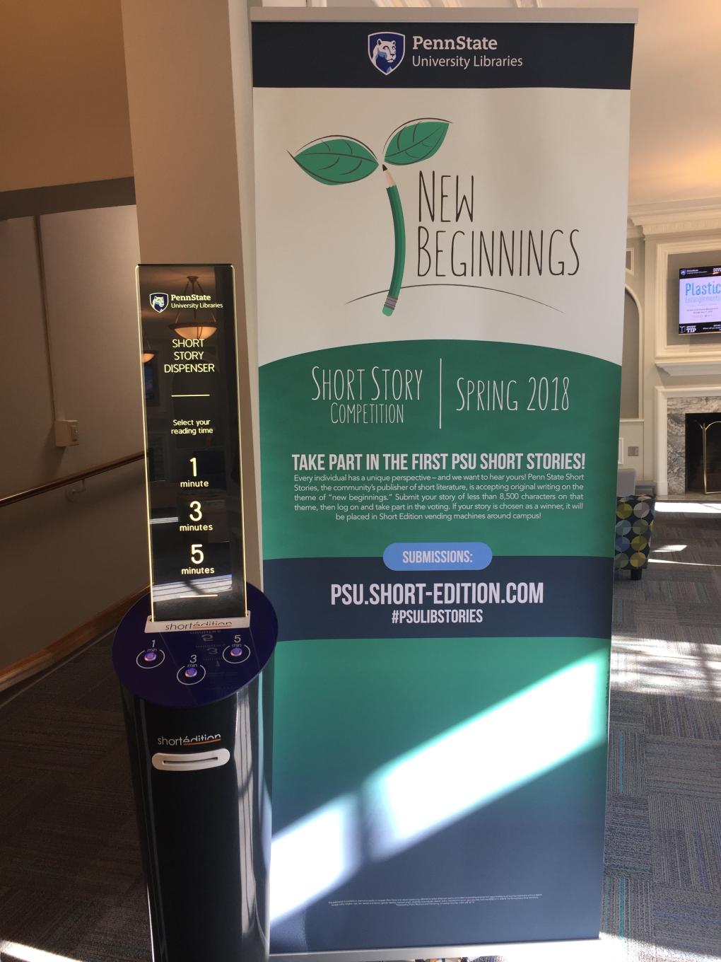 vertical photo of dark blue short story dispenser machine with three buttons next to tall banner describing short story competition with New Beginnings theme