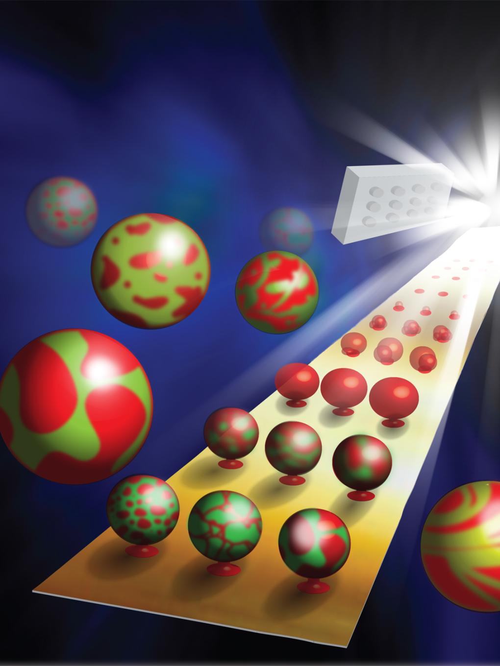 red and green orbs on a gold rectangle