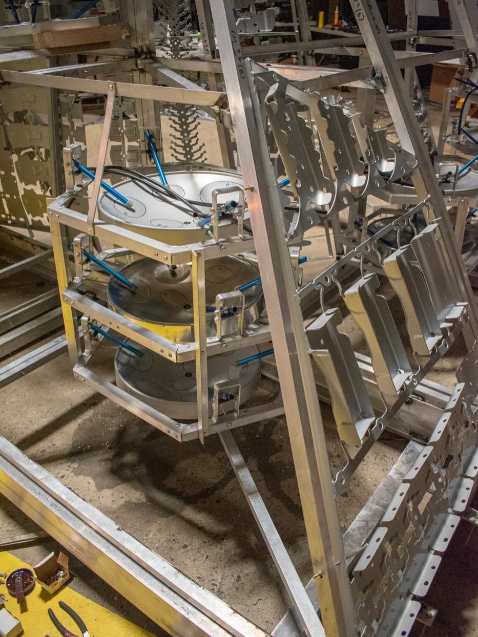 The steel drum system can be seen within the framework of the chapel’s chime wall.