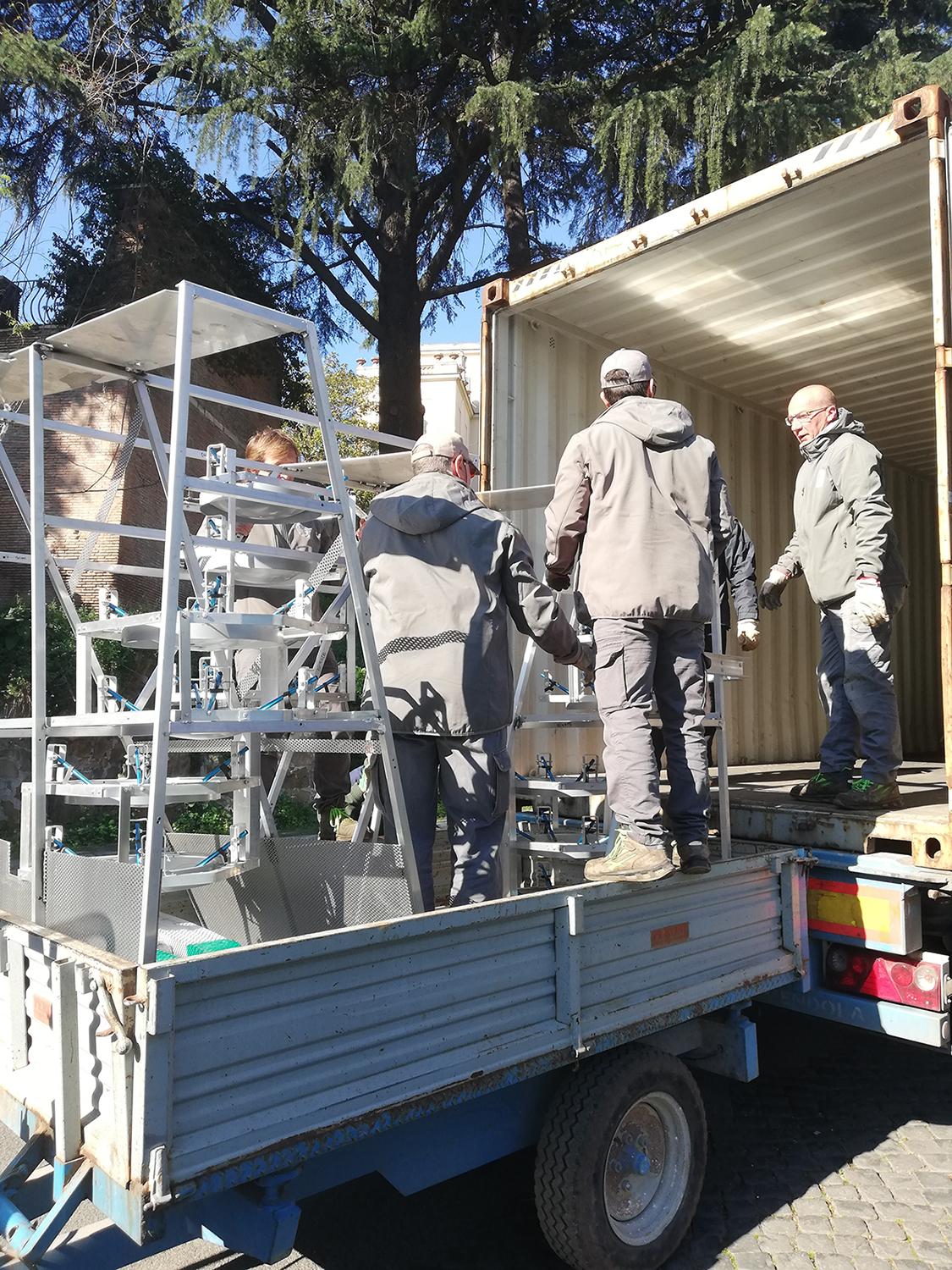 Chapel pieces arrive via truck in the Rome Botanical Garden in early March 2020.