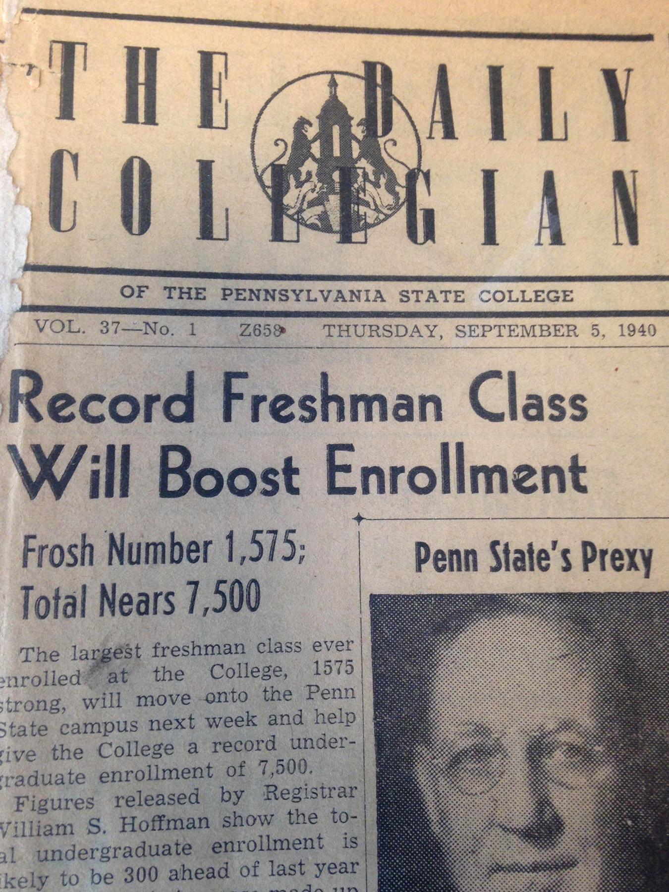 Daily Collegian front page, September 1940