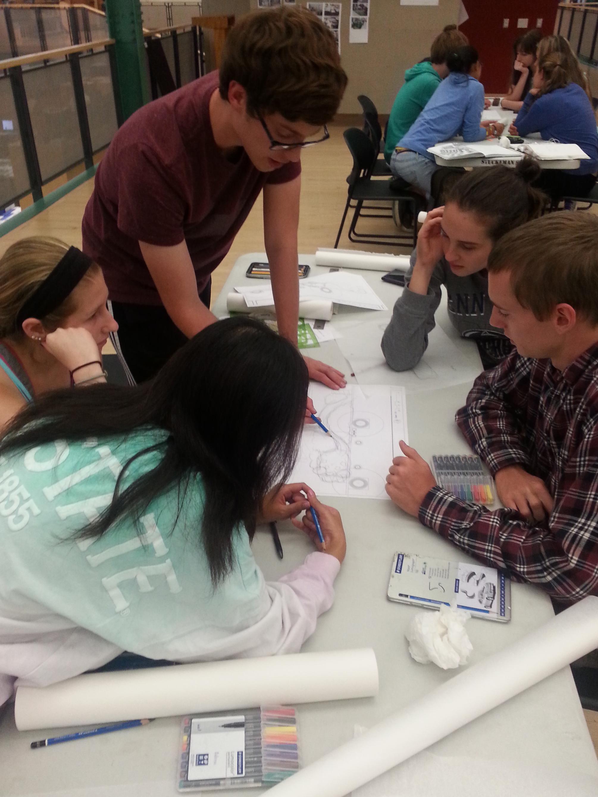 Students gathered around a table working on landscape design drawings