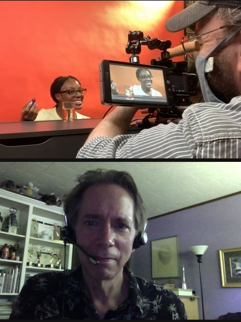 Top image of woman being videoed, bottom image of director over zoom