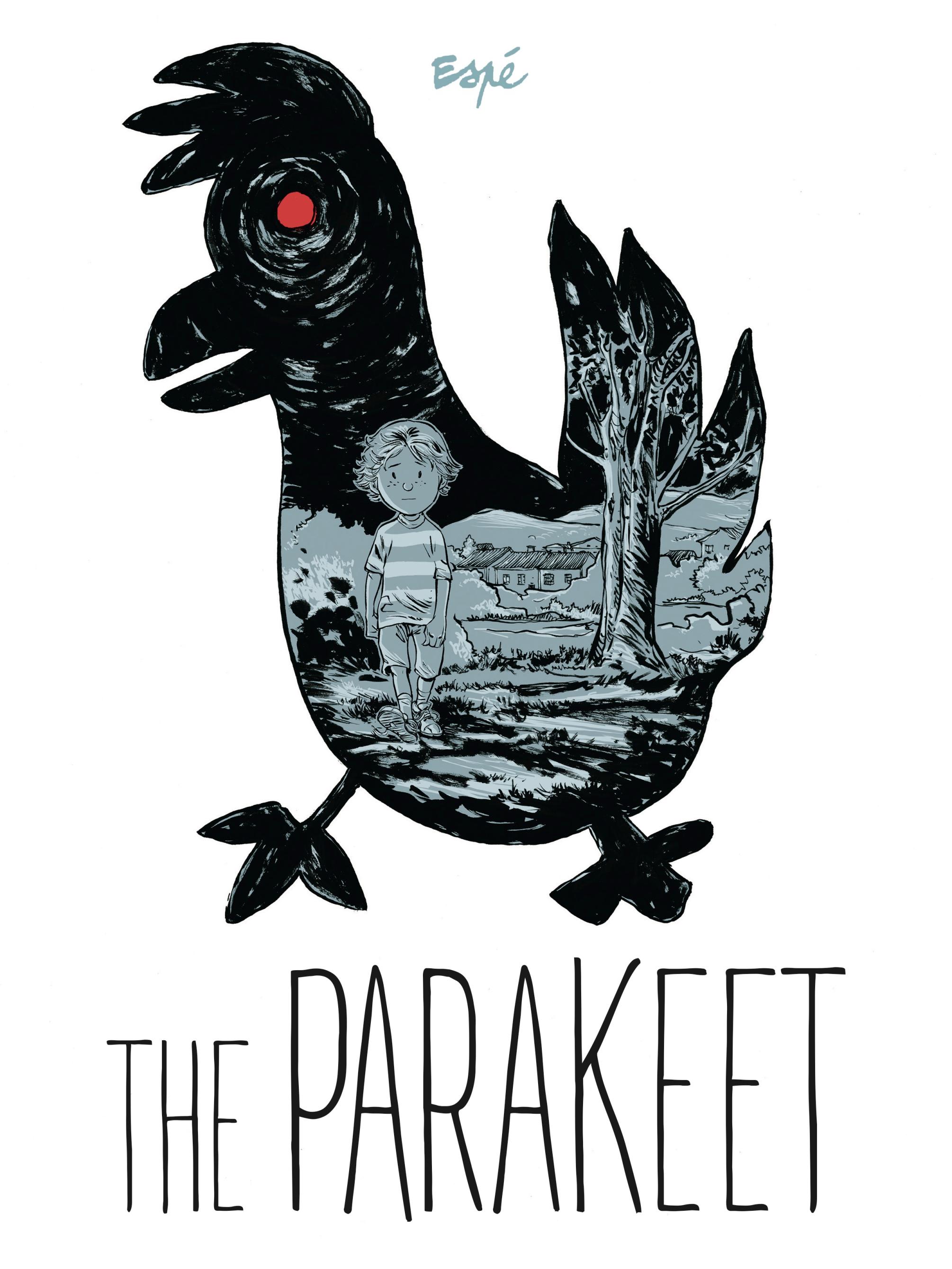 Book cover of THE PARAKEET, with a small boy standing inside the silhouette of a toy bird