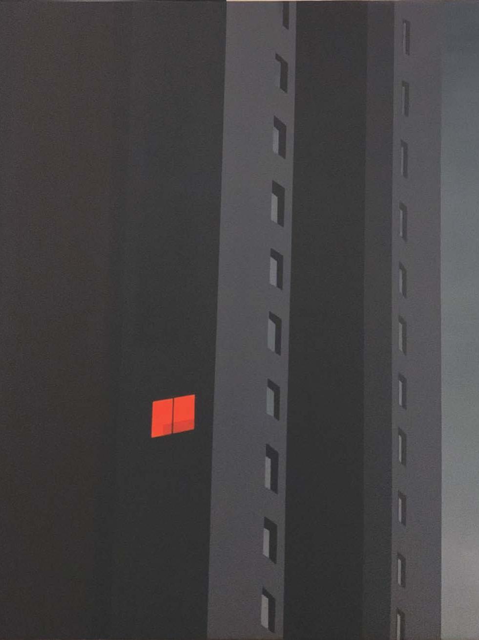 Black painting with one orange window