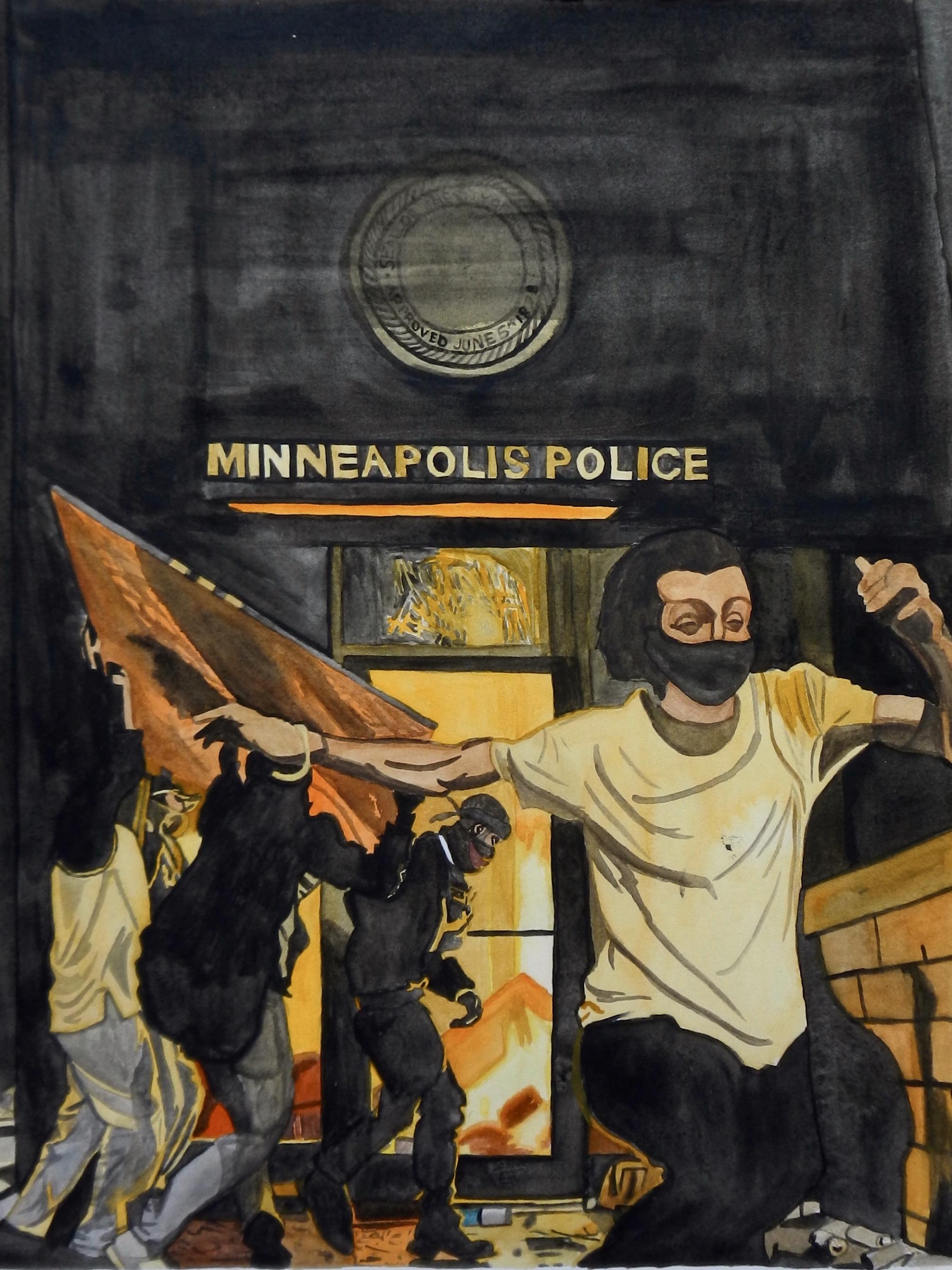 Artwork of a police station burning