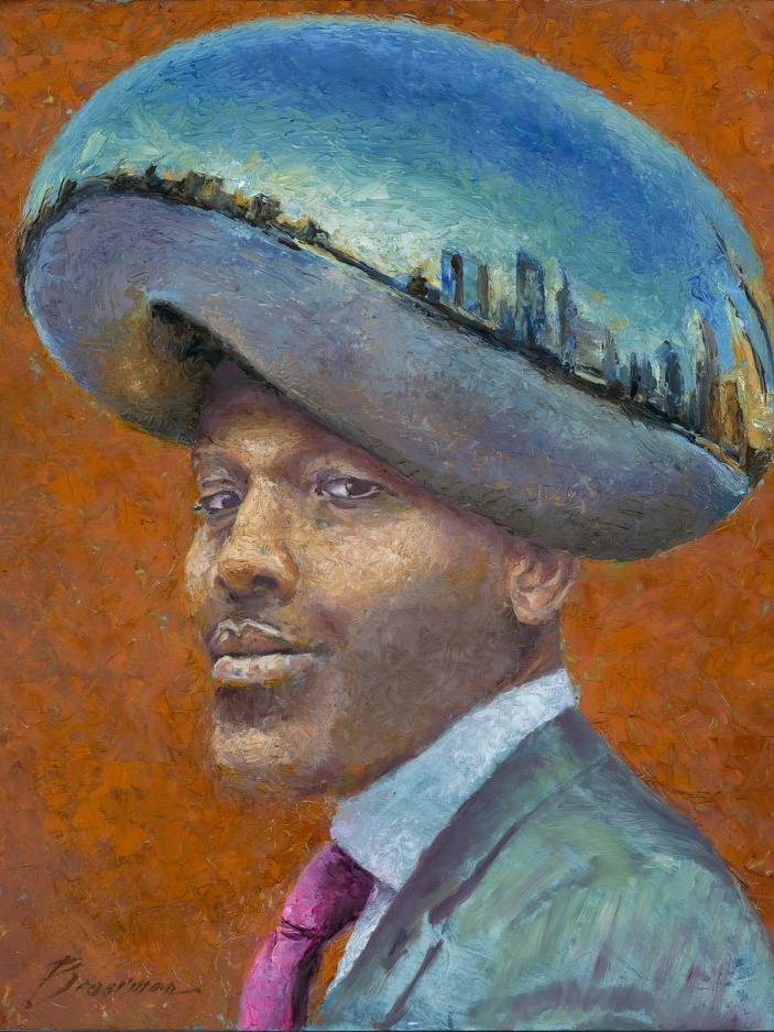 black man wearing a suit and wearing the Chicago bean as a hat