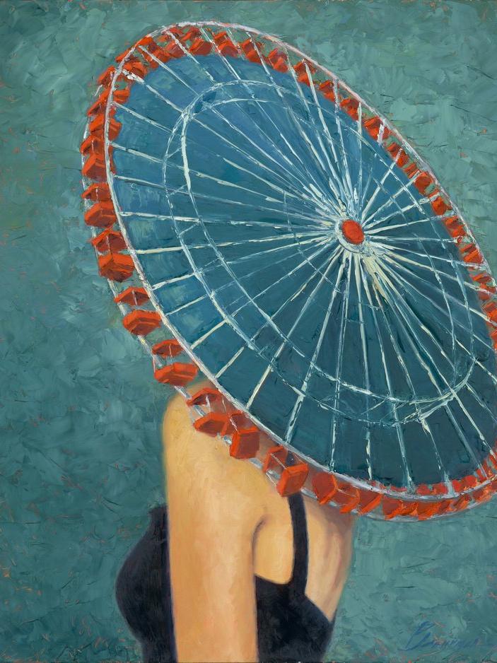 painting of a woman wearing a black dress and a hat resembling a Ferris wheel