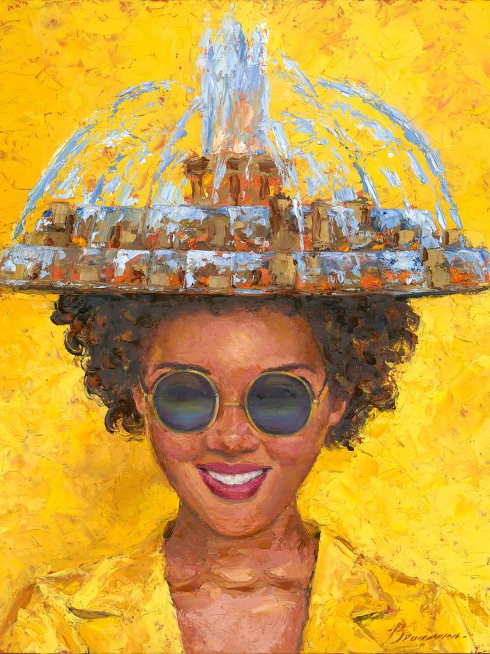 painting of a black woman wearing dark sunglasses and a hat resembling a fountain
