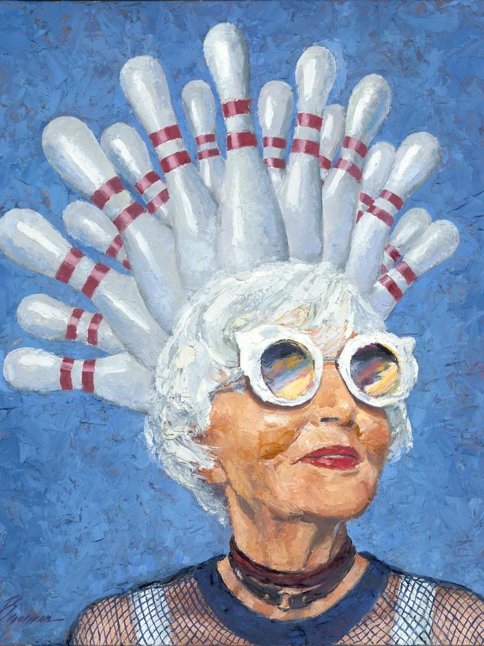 painting of an older woman wearing a headdress made form bowling pins