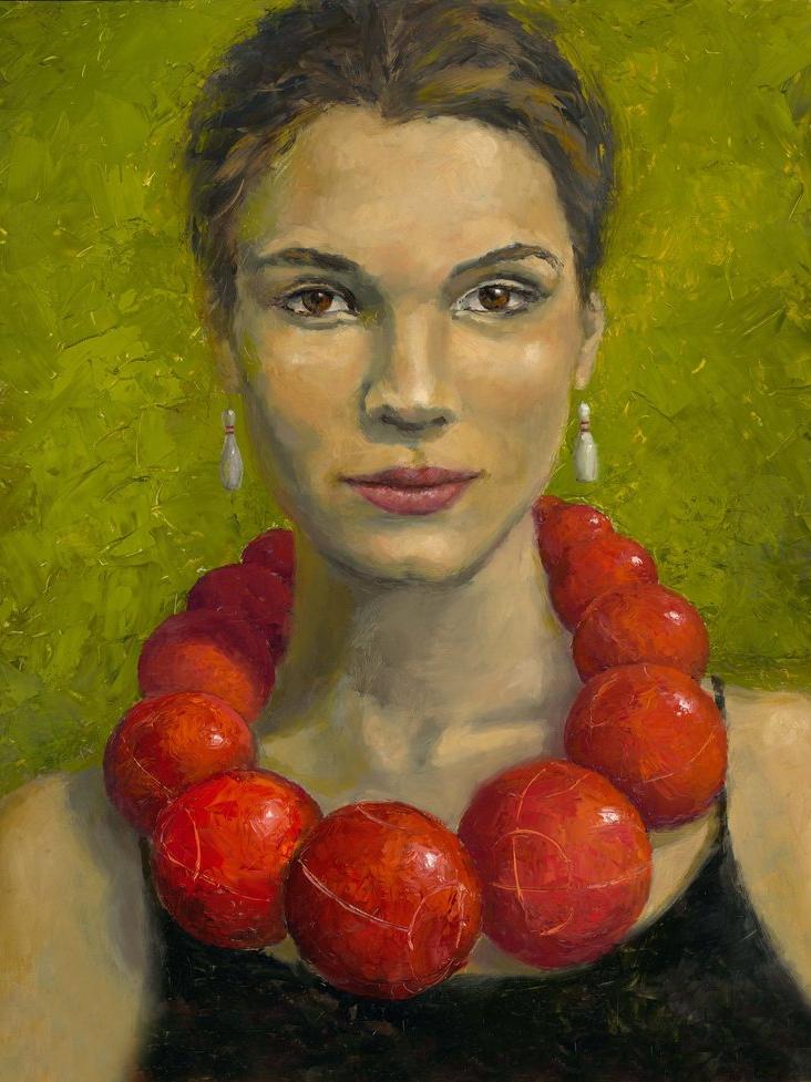 painting of a young woman wearing a necklace out of bocce balls.