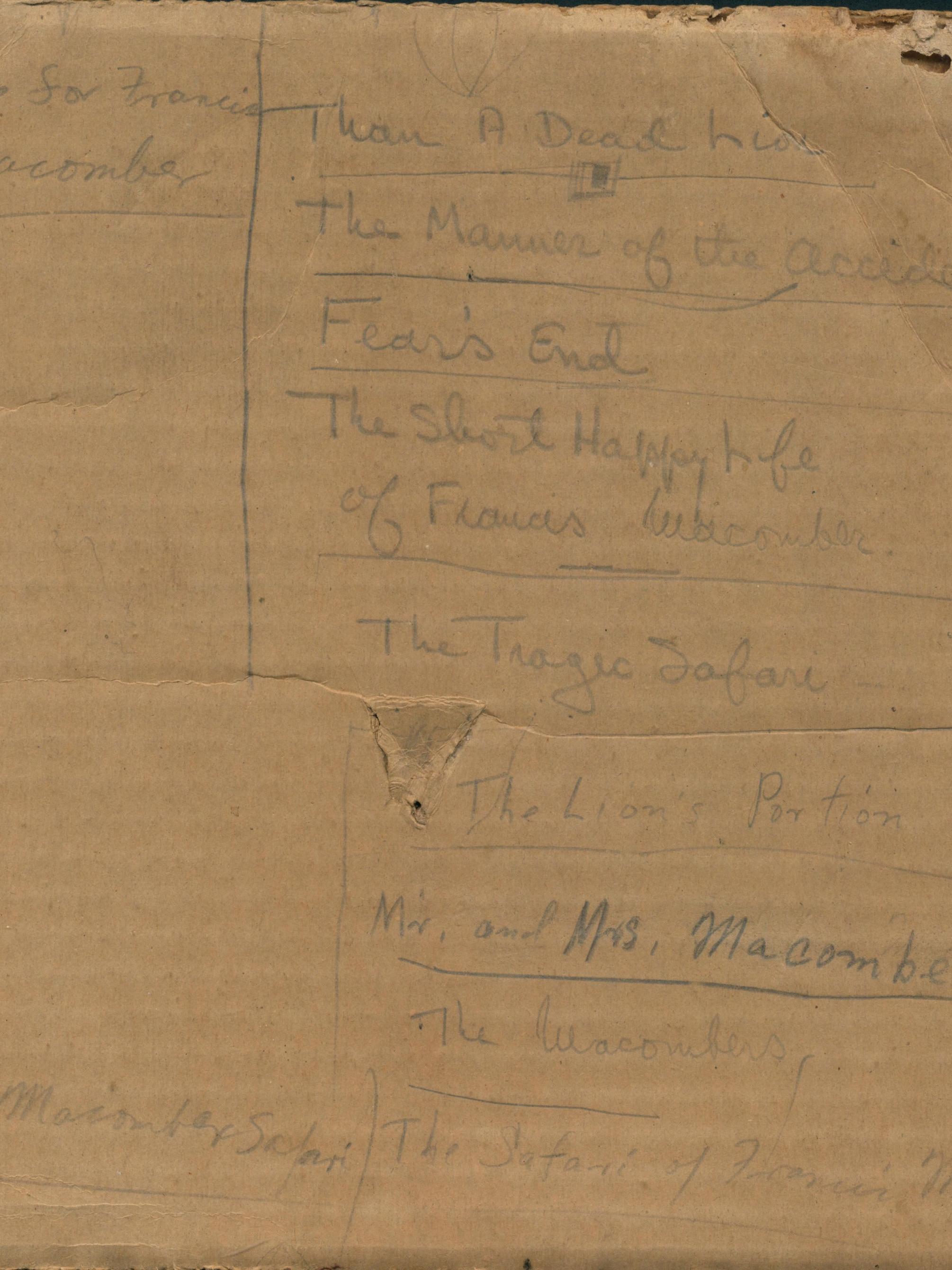 cardboard scrap with handwritten list of titles in pencil