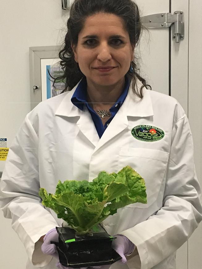 Dr. Gioia Massa poses with lettuce grown at NASA's Kennedy Space Center.