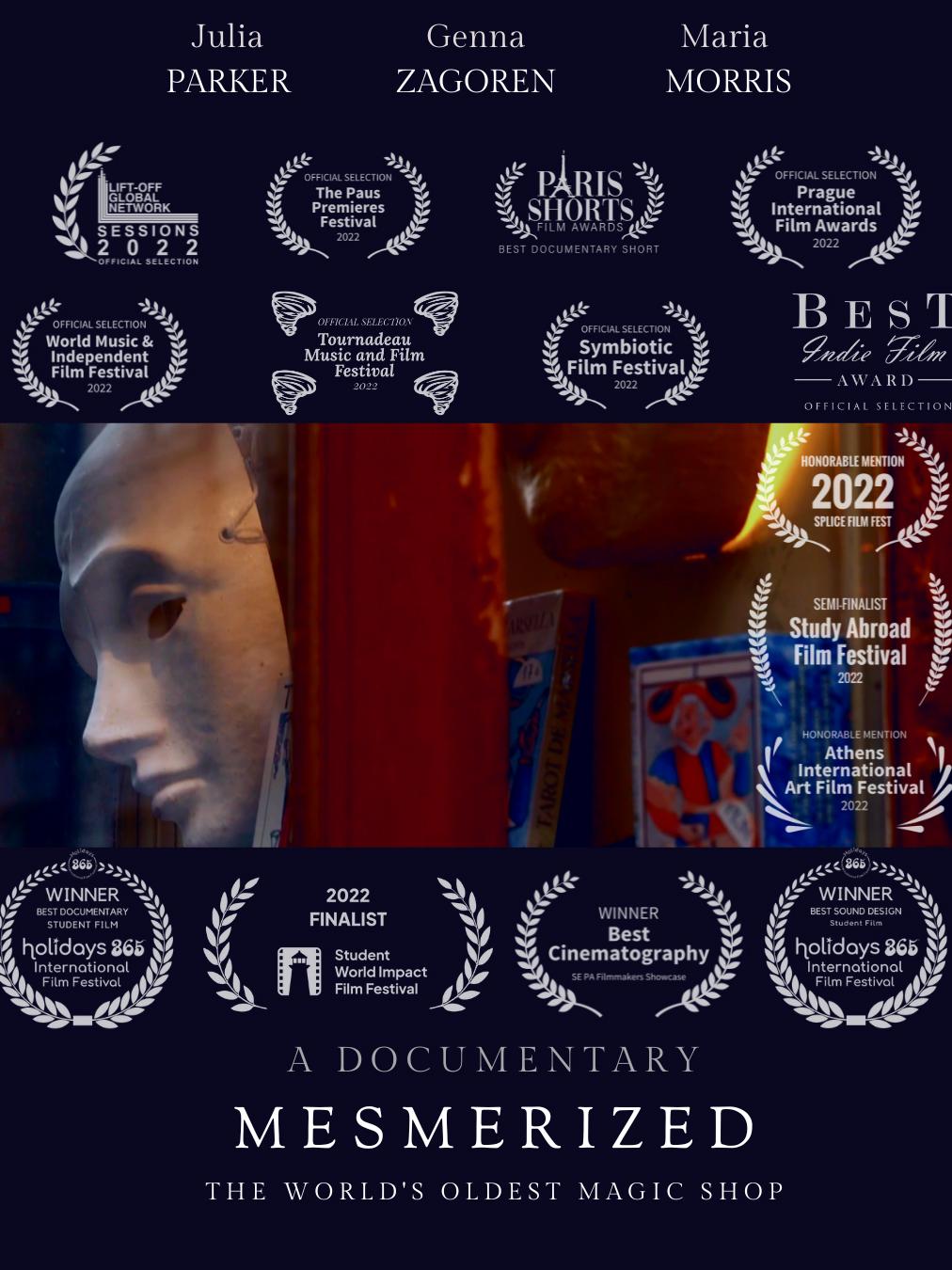 Screen capture from film with laurels from film festivals