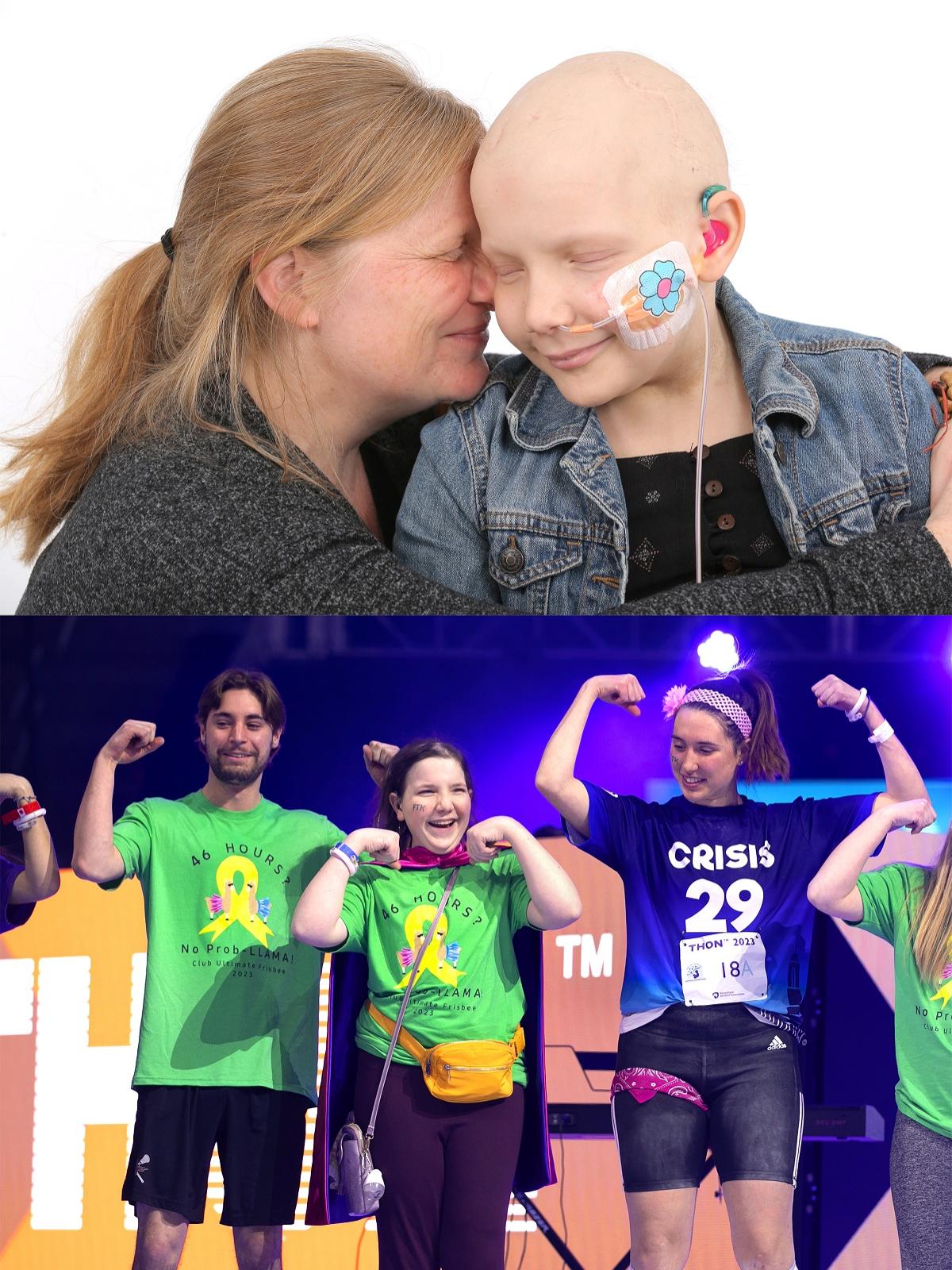 Two images are shown top and bottom. At the top, a woman presses her forehead to against the bald forehead of a little girl. On the bottom, the same little girl is seen laughing, with hair, flexing between two smiling adults making the same gesture.