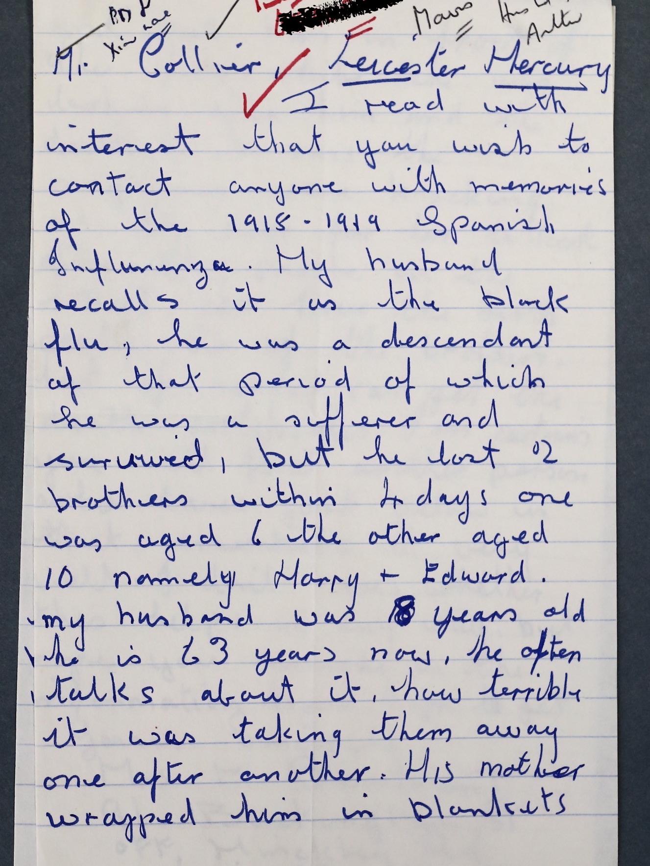 A letter from a survivor of the British Flu