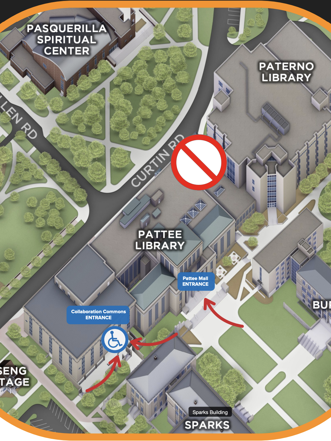 crop view of map.psu.edu aerial view showing closed Paterno Library entrance and ADA-accessible entrance