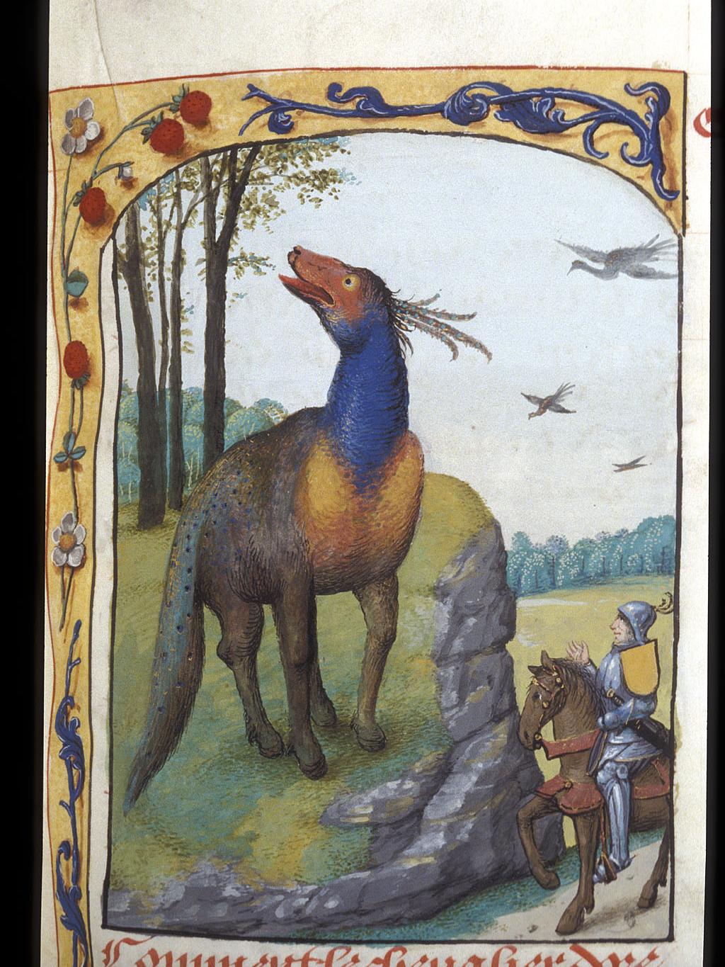A knight on horseback meeting a beast of many colors.