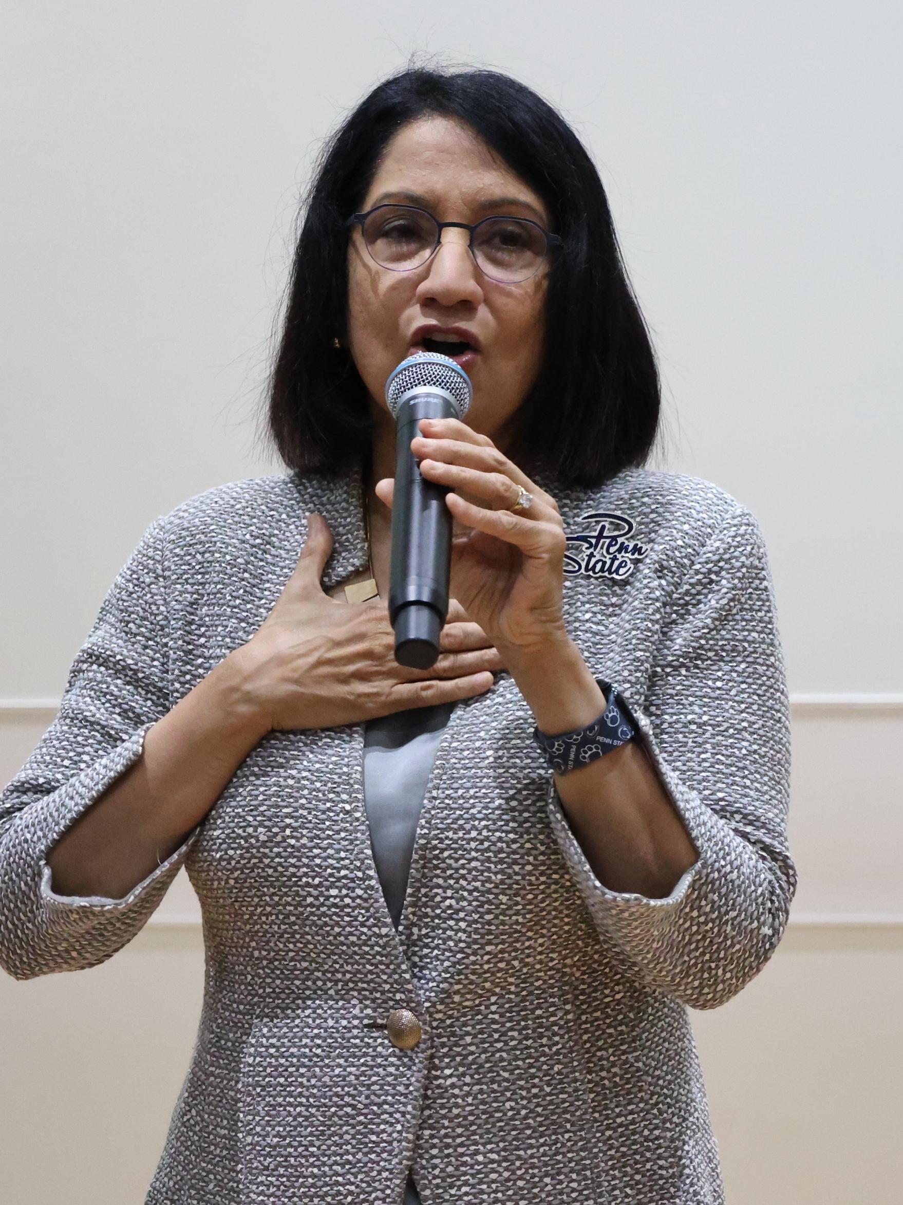 President Neeli Bendapudi giving public remarks during faculty celebration