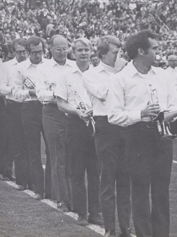 Members of the Alumni Blue Band on the field in 1974