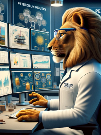 AI Generated Image of lion looking at computer screens