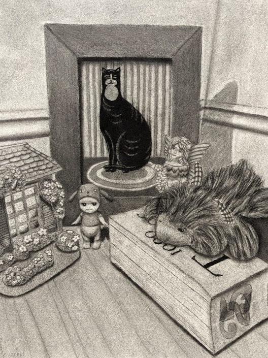Still life with cat in charcoal