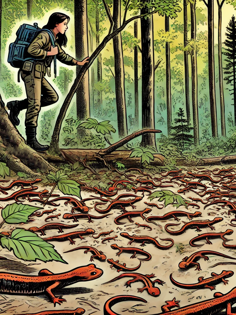 An illustration showing a hiker and a forest floor full of salamanders
