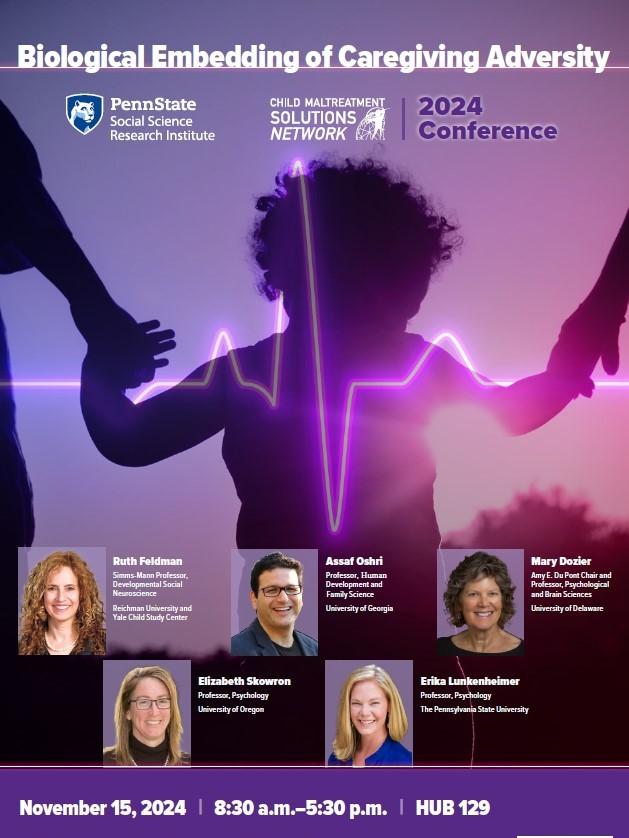 Purple and pink graphic with a child holding hands on each side with pictures of guest speakers at the conference below it.