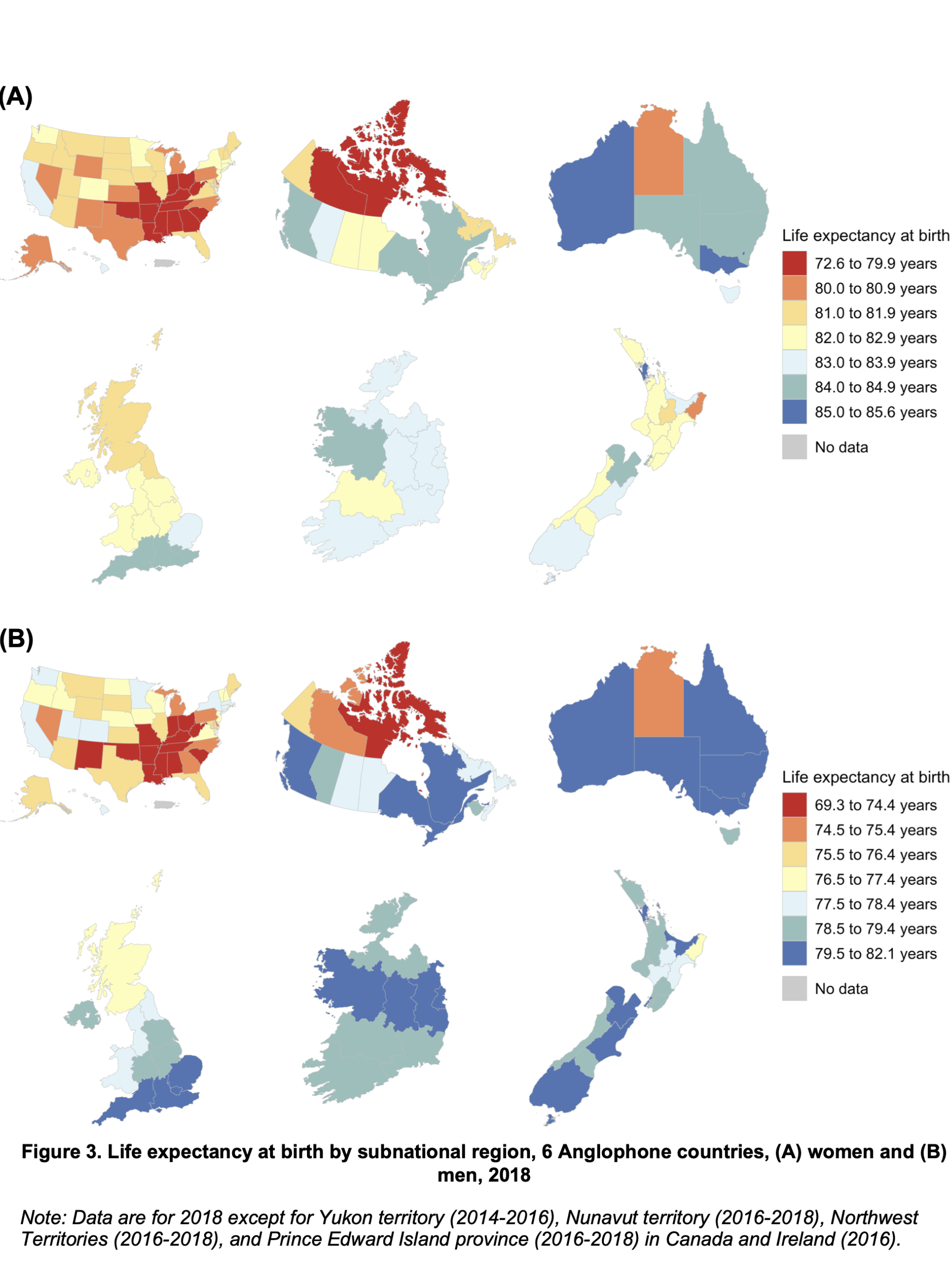 Maps showing life expectancy at birth for women and men in six high-income English-speaking countries